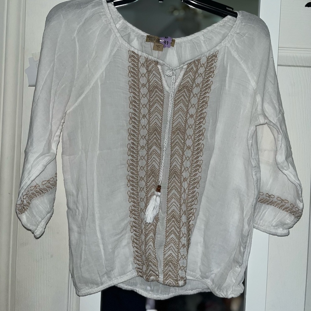 Nine West White and Tan Sheer Blouse